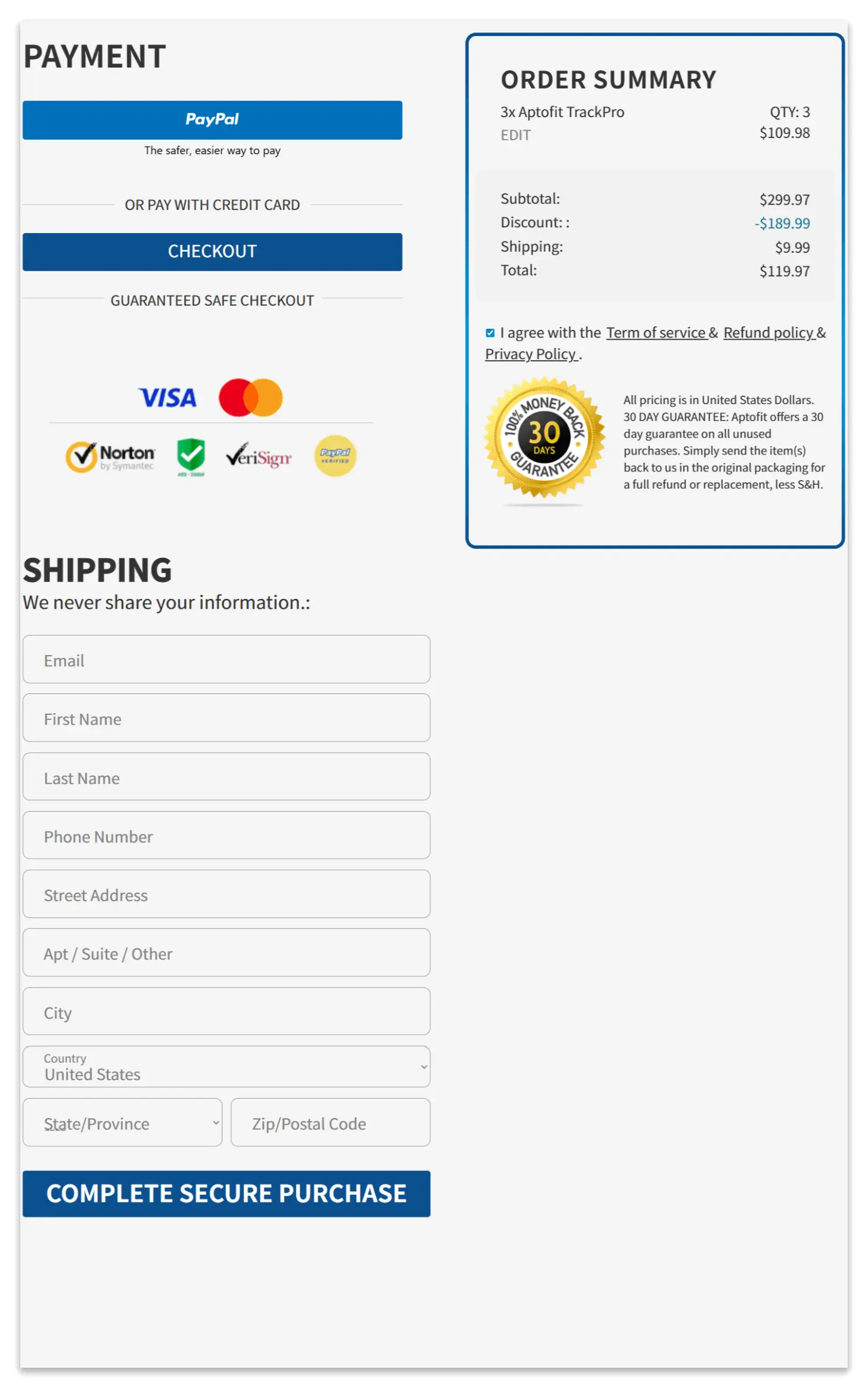 Aptofit Smartwatch secure checkout page